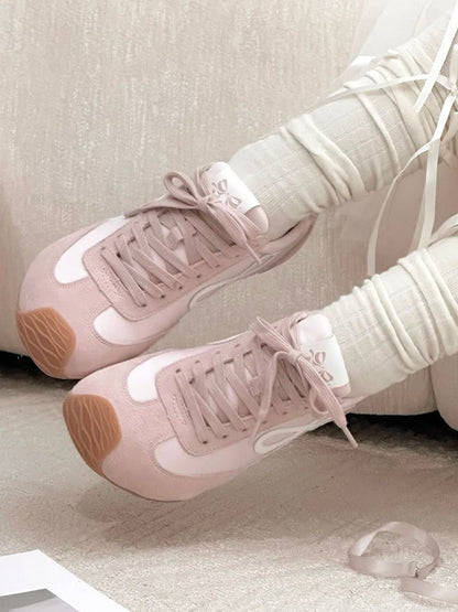Pink Bowknot Design Front Lace-up Ties Sneakers