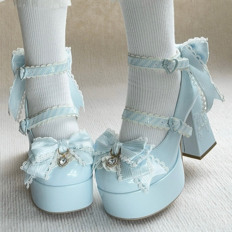 Platform Sophisticated Blue High Block Heels - PU Leather with Heel Stitching Bow, Sparkling Details & Striped Straps
