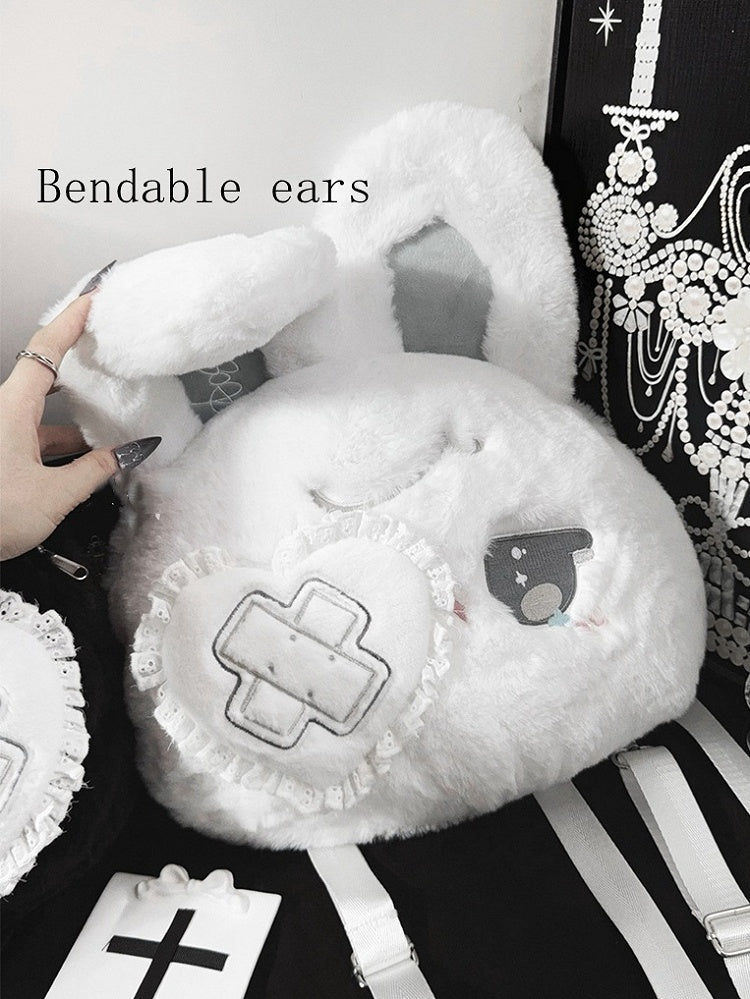 Kawaii Black / White Plush Bunny Backpack with Bendable Ears & Heart Eye Patch Design