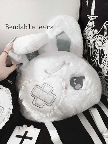 Kawaii Black / White Plush Bunny Backpack with Bendable Ears & Heart Eye Patch Design