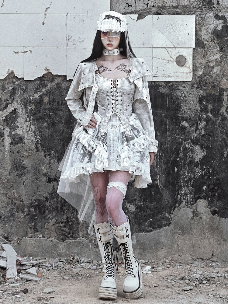 Grey Punk Corset Bodice Dress with Detachable Tulle Train