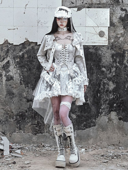 Grey Punk Corset Bodice Dress with Detachable Tulle Train