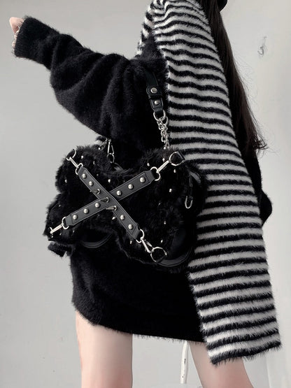 Black Punk Y2K Bone-Shaped Fleece Bag With Studded Crisscross Straps