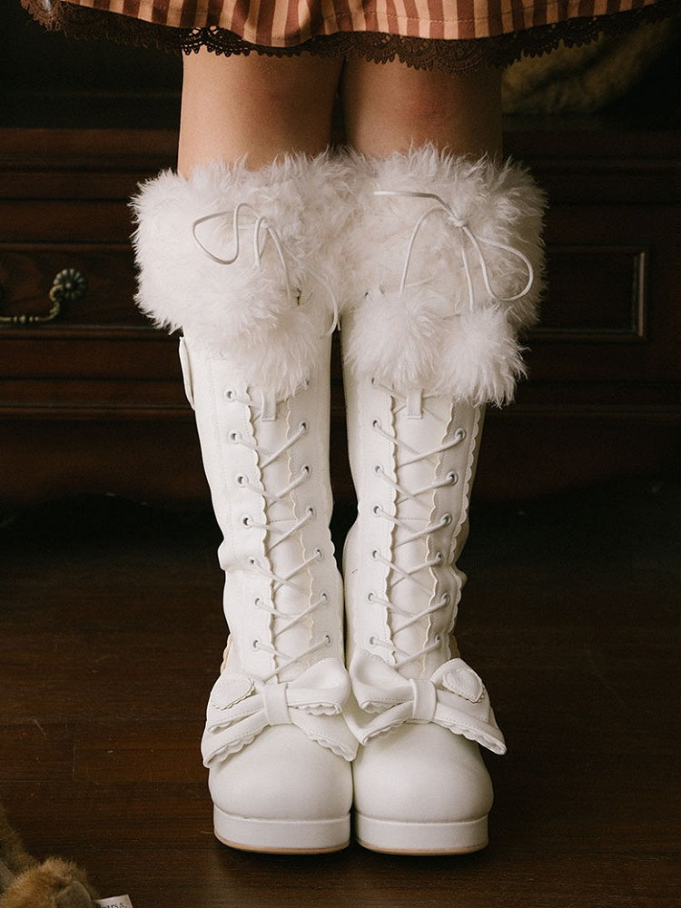 White Sweet Lolita Knee-High Boots - Plush Top Cuff with Bow Embellishments & Lace+Zip System