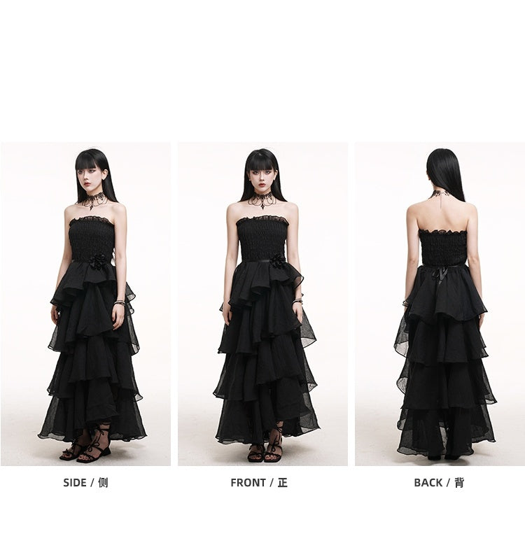Black High Waist Mesh Tiered Skirt Prom Gown Dress