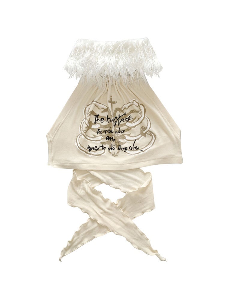 Letters Print Beige Top with Detachable Plush Collar