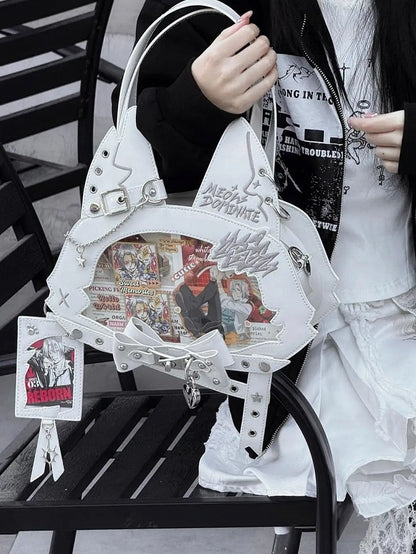 Kitty Ear Design Bowknot Studs Detail White PU Tote Ita Bag with Free Card Holder