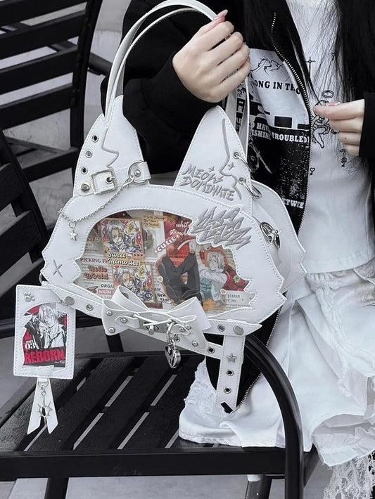 Kitty Ear Design Bowknot Studs Detail White PU Tote Ita Bag with Free Card Holder