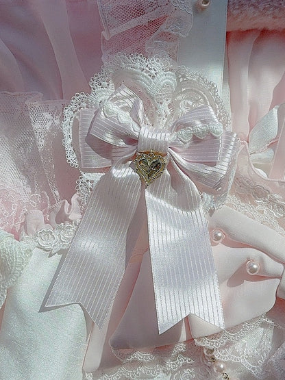 Pink Heart Charm Lace Detail Striped Pattern Bowknot Hairclip