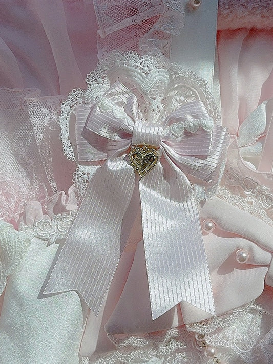 Pink Heart Charm Lace Detail Striped Pattern Bowknot Hairclip
