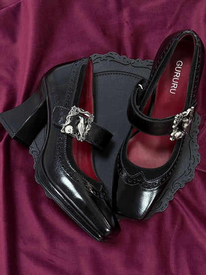 Black Gothic Crow And Skeleton Decorated Photo Frame Accent Square Toe High Heels