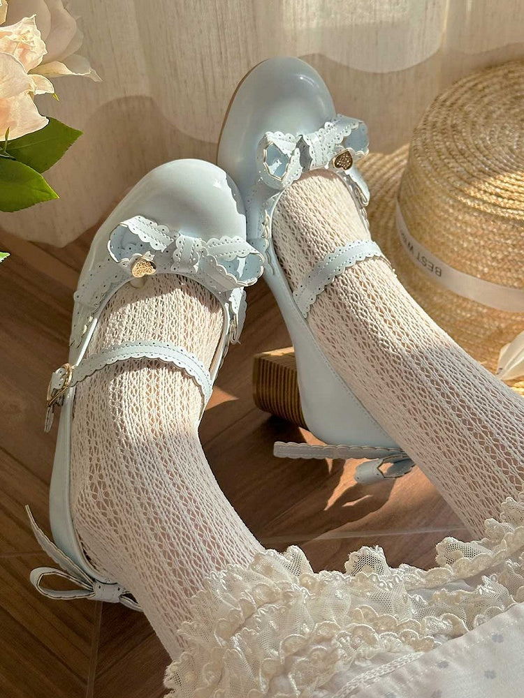 Blue Heart Decorated Bow at Top Mary Janes