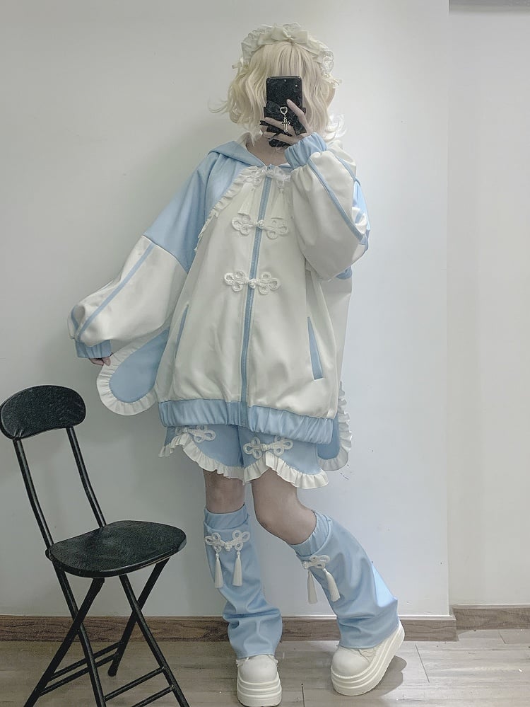 Tenshi Kaiwai Blue Tassel and Knot Button Leg Warmers