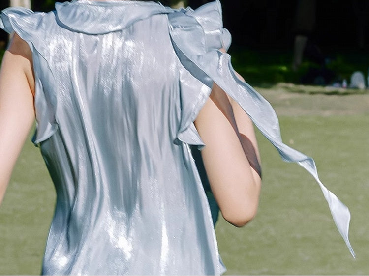 Vintage Blue Moon Light Cascading Ruffle Accents Top/Straight-leg Cut Pants