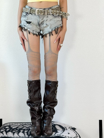 Black/White/Brown/Gray/Red Y2K Cut-out Design Suspender Stockings