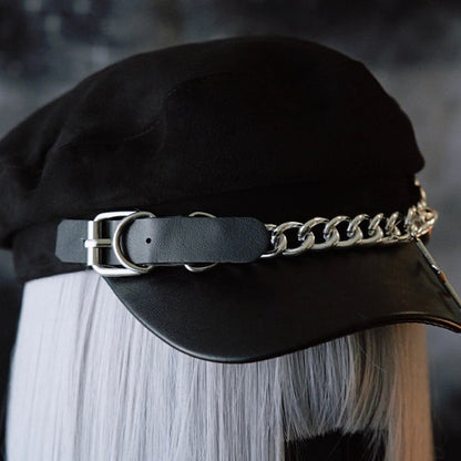 Black Gothic Star Charm Heart Buckle Design Beret Hat With Chain
