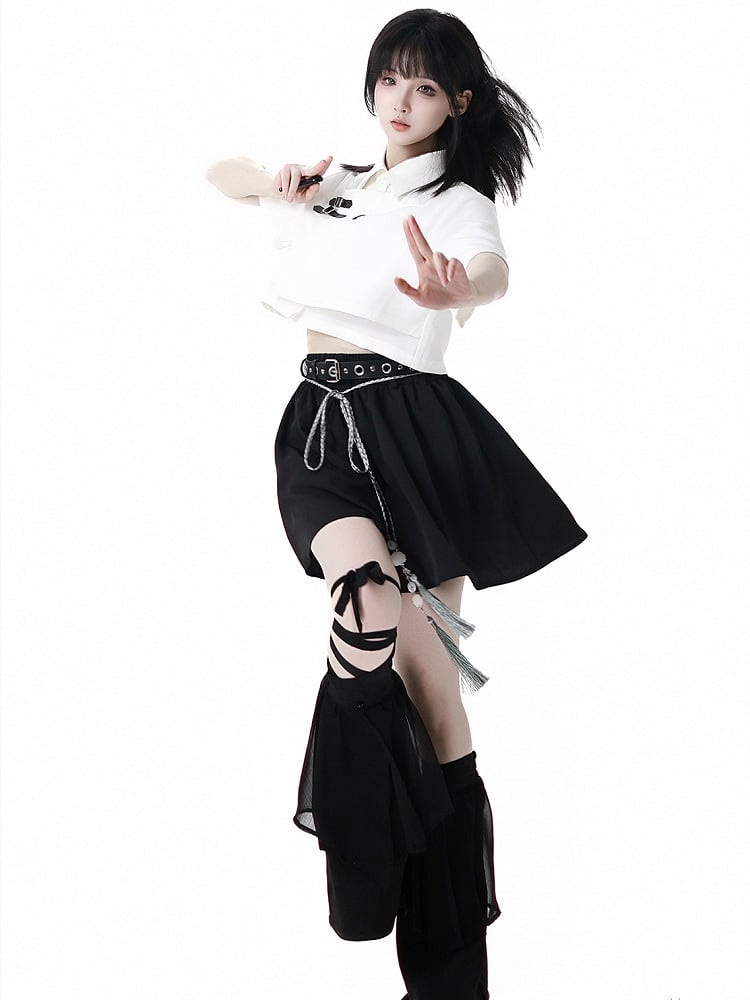 Black Cheongsam Style Shorts with Buckle Belt and Tassel Belt