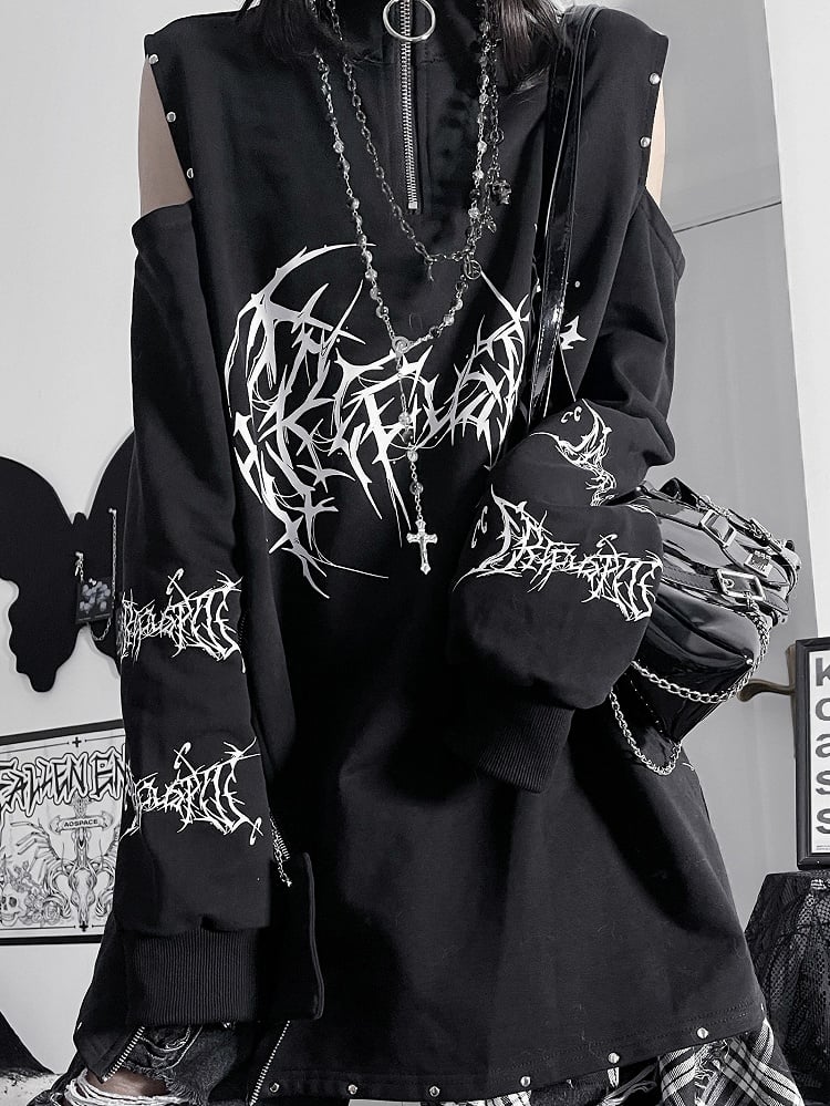 Black&Red Emo Punk Cutout Shoulder Design Sweatshirt