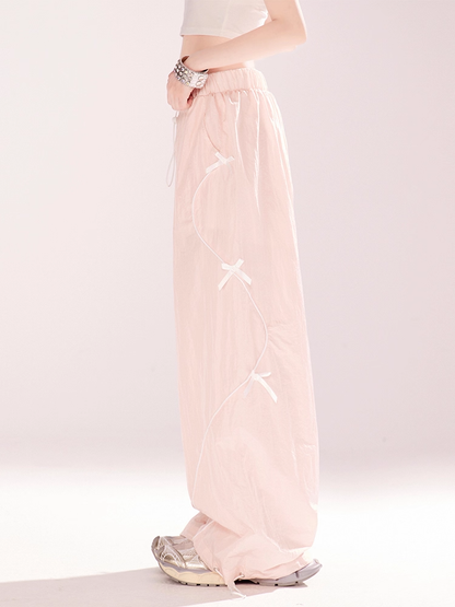 Pink Drawstring Waist and Cuffs Bowknot Details Wide-leg Casual Pants