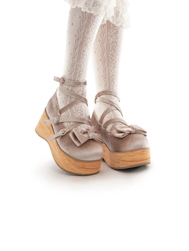 Sweet Beige Mary Janes for Lolita - Platform Heel with Bow Decor & Crossed Straps