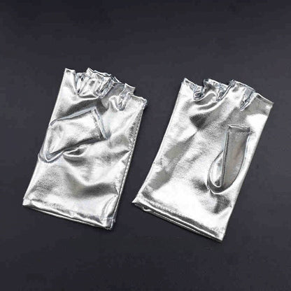 Silver/Black Cyberpunk Futuristic Half Finger Gloves