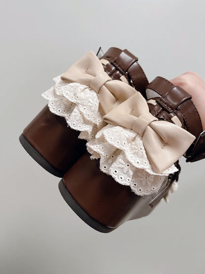 Chocolate Brown Bow at Top Lace Trim Heart Buckles Platforms