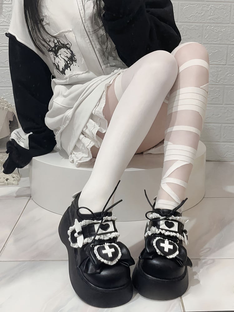 Clearance-Size 39 Jirai Kei Black Yami Kawaii Cross Bowknot Lace-up Detail Platform Shoes Thicken Version