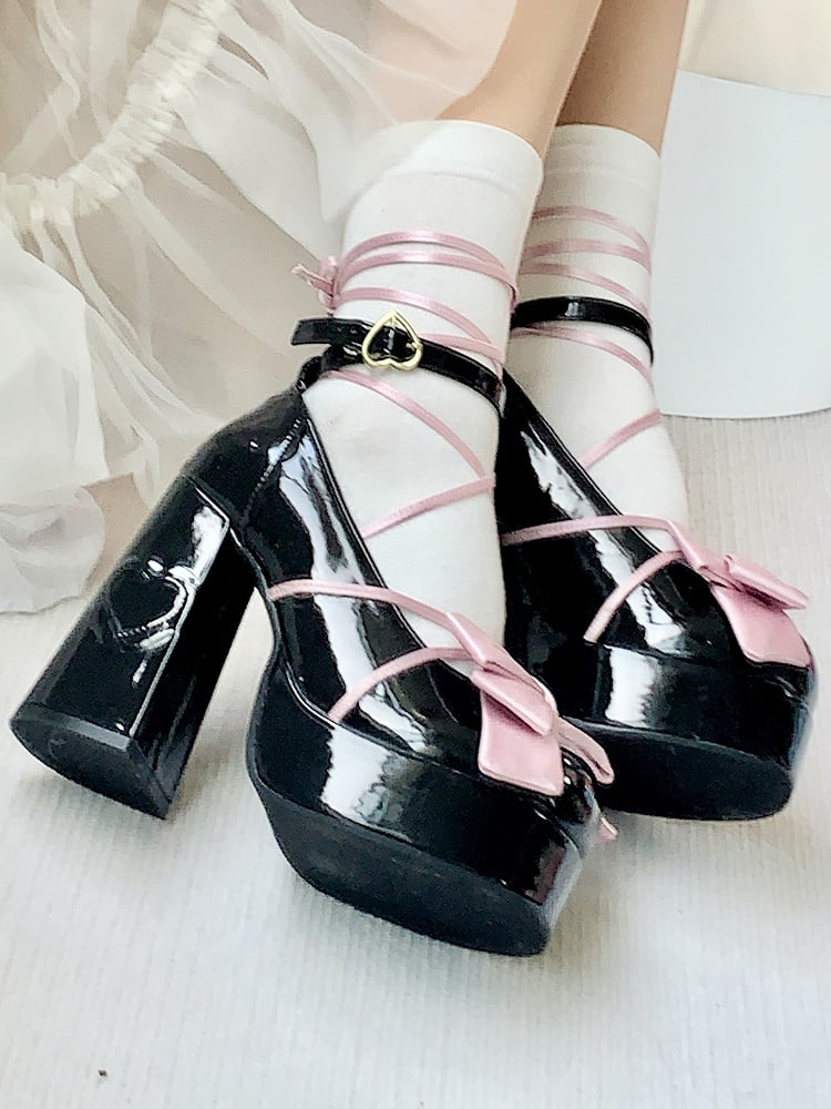 PU Black Sweet Lolita Platform Mary Janes - High Block Heel with Pink Top Bow, Heart Buckle & Ankle Ties