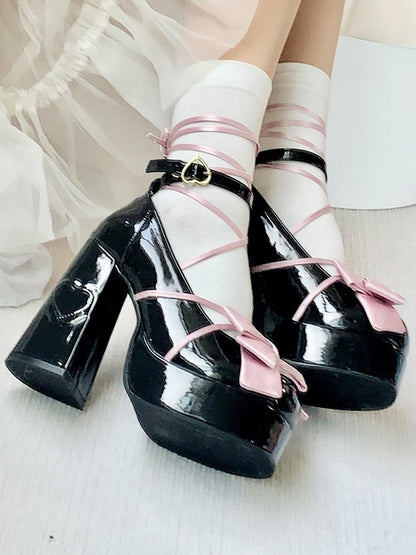 PU Black Sweet Lolita Platform Mary Janes - High Block Heel with Pink Top Bow, Heart Buckle & Ankle Ties