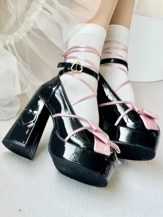 PU Black Sweet Lolita Platform Mary Janes - High Block Heel with Pink Top Bow, Heart Buckle & Ankle Ties
