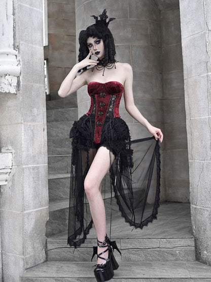 Gothic Black and Red Bustier Corset Lace-up Top Drawstring Hem