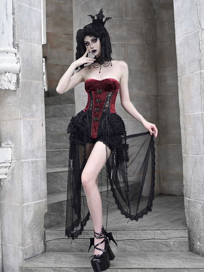 Gothic Black and Red Bustier Corset Lace-up Top Drawstring Hem