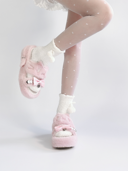 Rebellious Kitten Embroidery Slippers - Jirai Kei Pink Plush Platform with Bow & Heart Charm