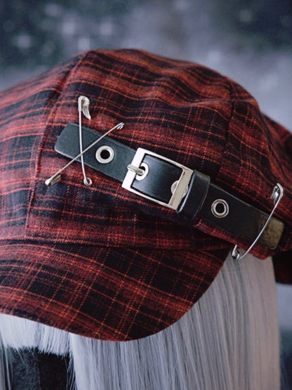 Black And Red Plaid Pattern With Buckle Pins Details Beret