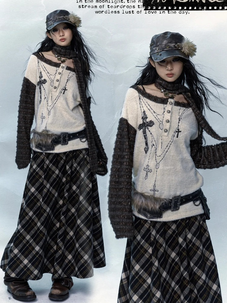 Off-the-shoulder Cross Embroidery Apricot Top with Scarf