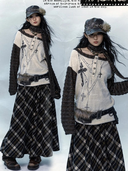 Off-the-shoulder Cross Embroidery Apricot Top with Scarf