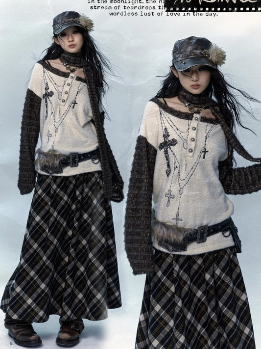 Off-the-shoulder Cross Embroidery Apricot Top with Scarf