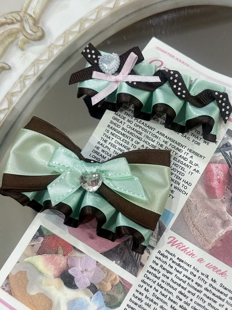 2 Options Green&Brown Rhinestone Heart Decorated Ruffled Bowknot Hairclip