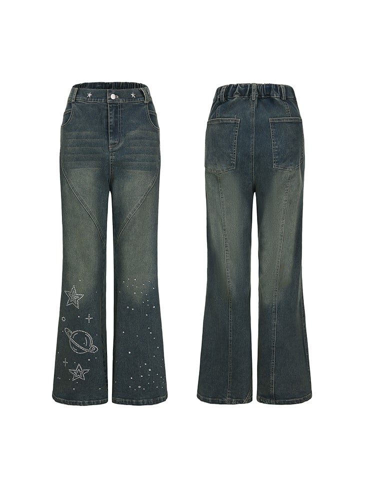 Plus Size Y2K Blue Flared Jeans with Rhinestone Planet & Star Motifs