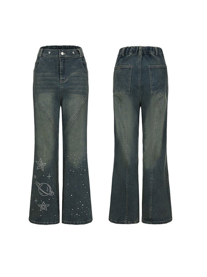 Plus Size Y2K Blue Flared Jeans with Rhinestone Planet & Star Motifs