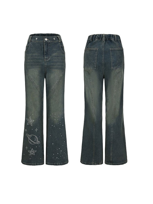 Plus Size Y2K Blue Flared Jeans with Rhinestone Planet & Star Motifs