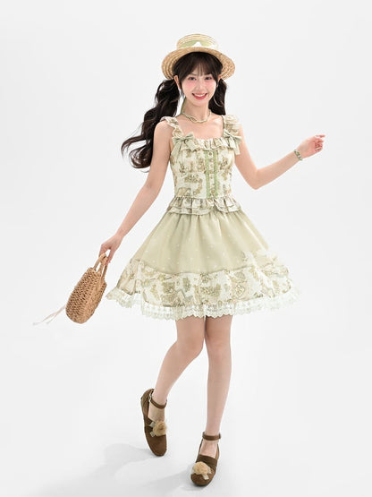 Light Green Vintage Grape Print Sleeveless Top with Detachable Bowknots