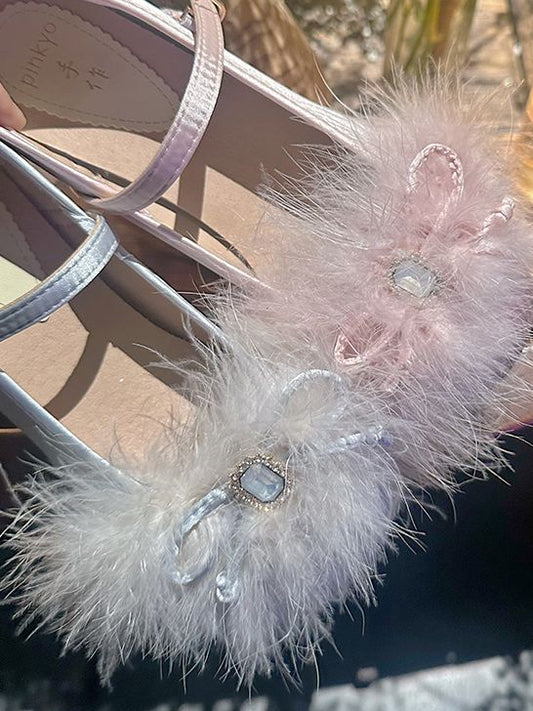 Light Pink/Light Gray Feather Rhinestone Bow at Top Mary Janes with Beaded Chain