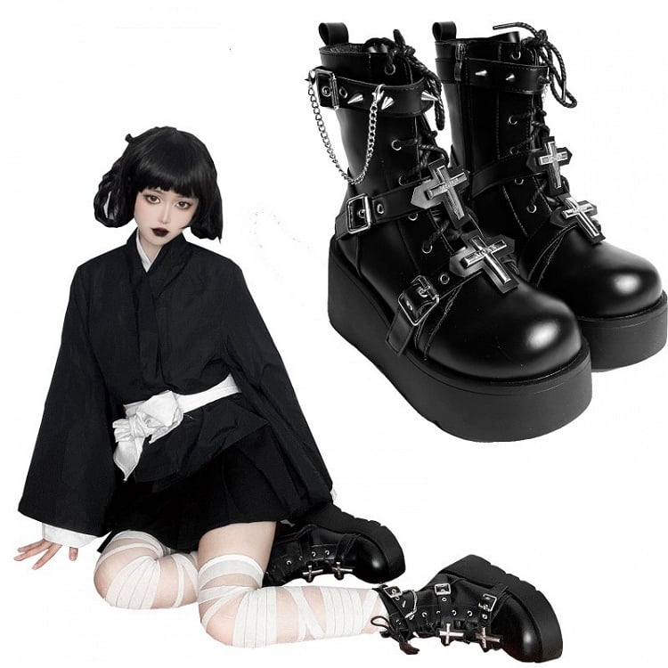 Crosses Black Gothic Platform Boots Spike Studs Punk Boots
