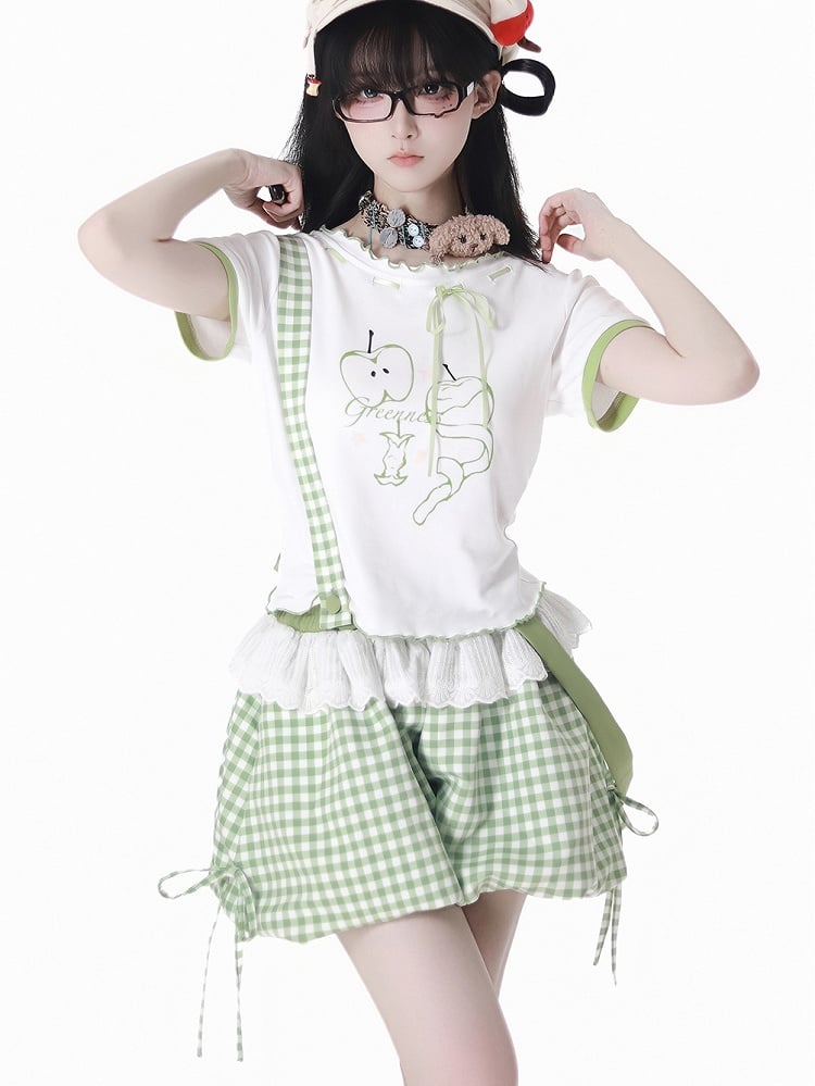 Green Apple Print Lettuce Hem Self-tie Bow Neckline White T-shirt