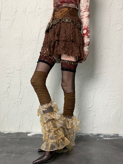 Brown Wasteland Punk Multi-layered Lace Trim Leg Sleeves