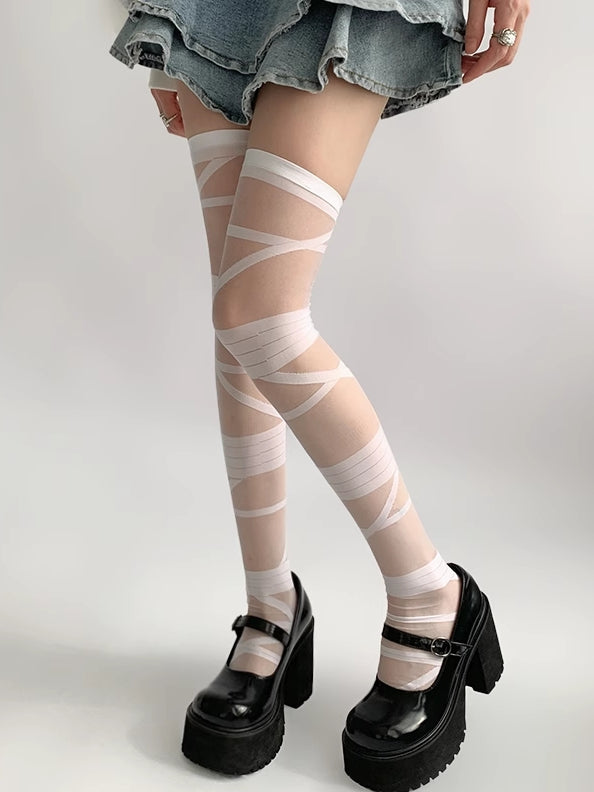 Gray/White/Black/Beige Y2K Crisscorss Banded Over-knee Stockings