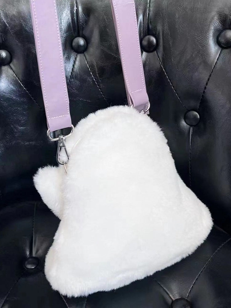 White Ghost-shaped Fleece Crossbody Bag With Taro Purple Straps