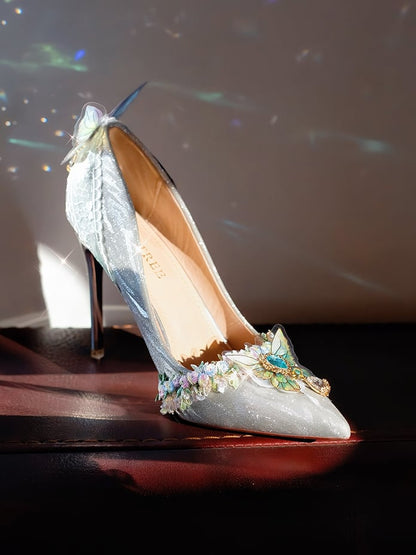 Silver Rhinestone Decorated Butterfly Details Pointed Toe 7.5CM/10.5CM High Heels