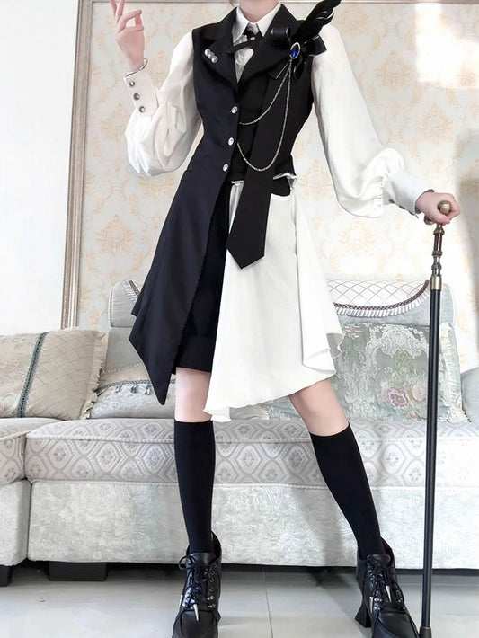 Ouji Lolita White and Black Eight-Piece Set - Asymmetrical Design Waistcoat + Shirt + Shorts + Matching Accessories
